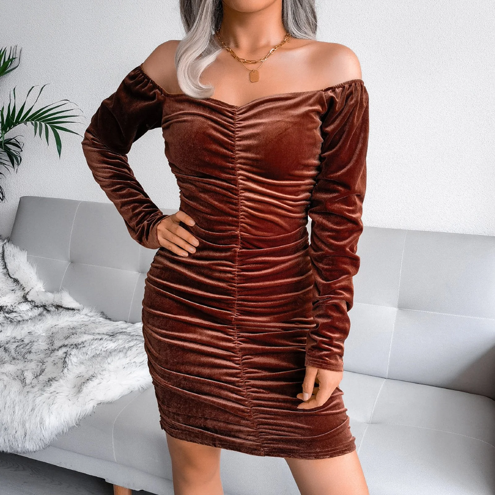 Hollow Out Square Neck Mini Dress Elegant Velour Sweater - Image 11