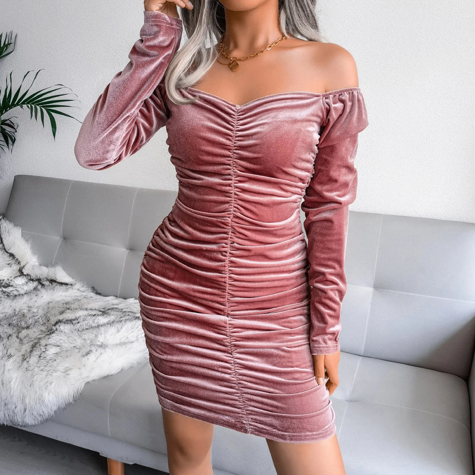 Hollow Out Square Neck Mini Dress Elegant Velour Sweater - Image 5