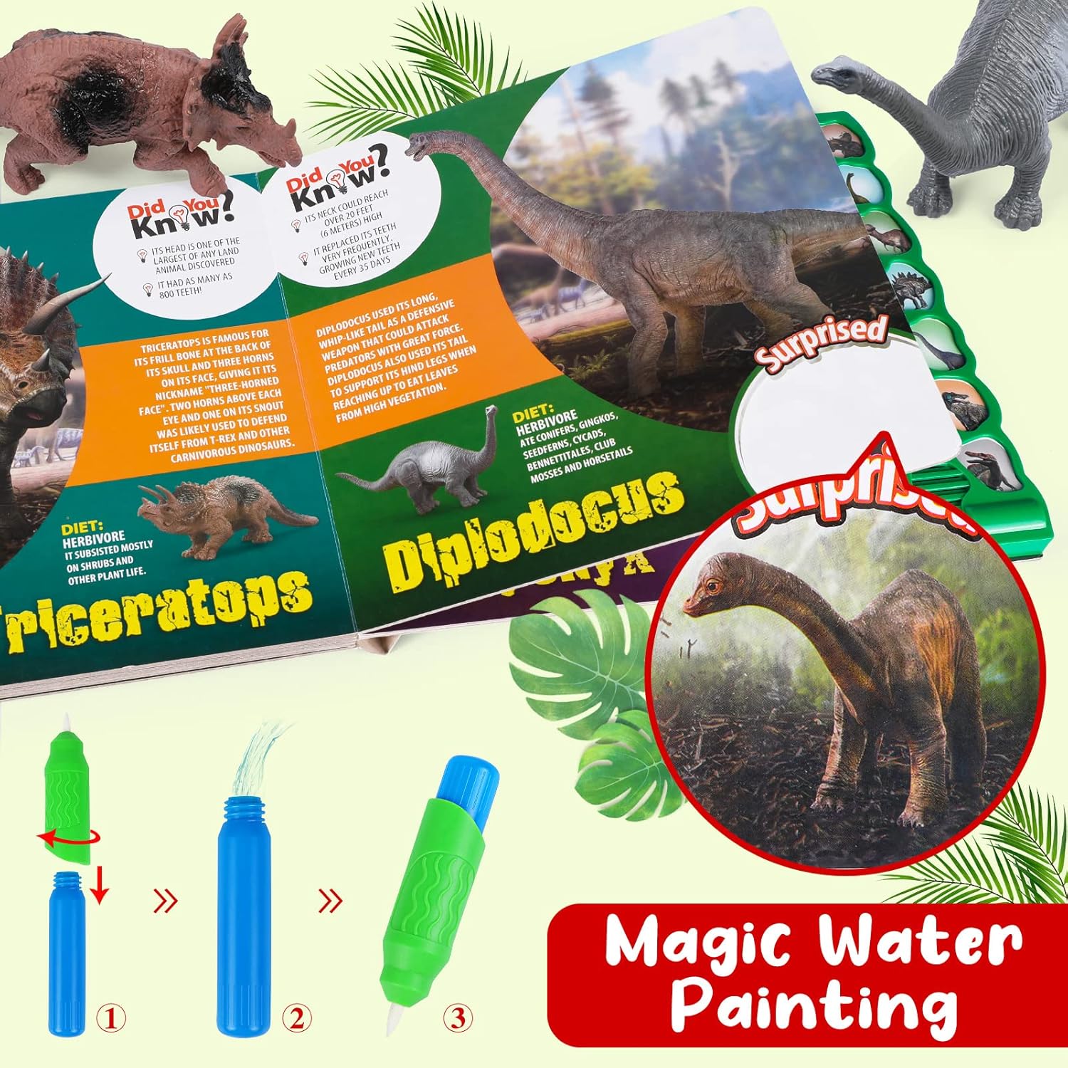 Interactive Dino Sound Book with 12 Dino Figures & Water Doodle Pen Educational Toy Set for Kids 3+ - Image 3