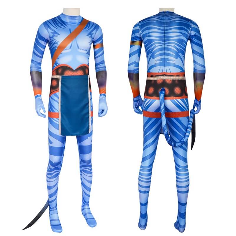 Jake Sully Costume Spandex Na'vi Outfit Blue Jumpsuit with Tail and Apron Set - Image 7