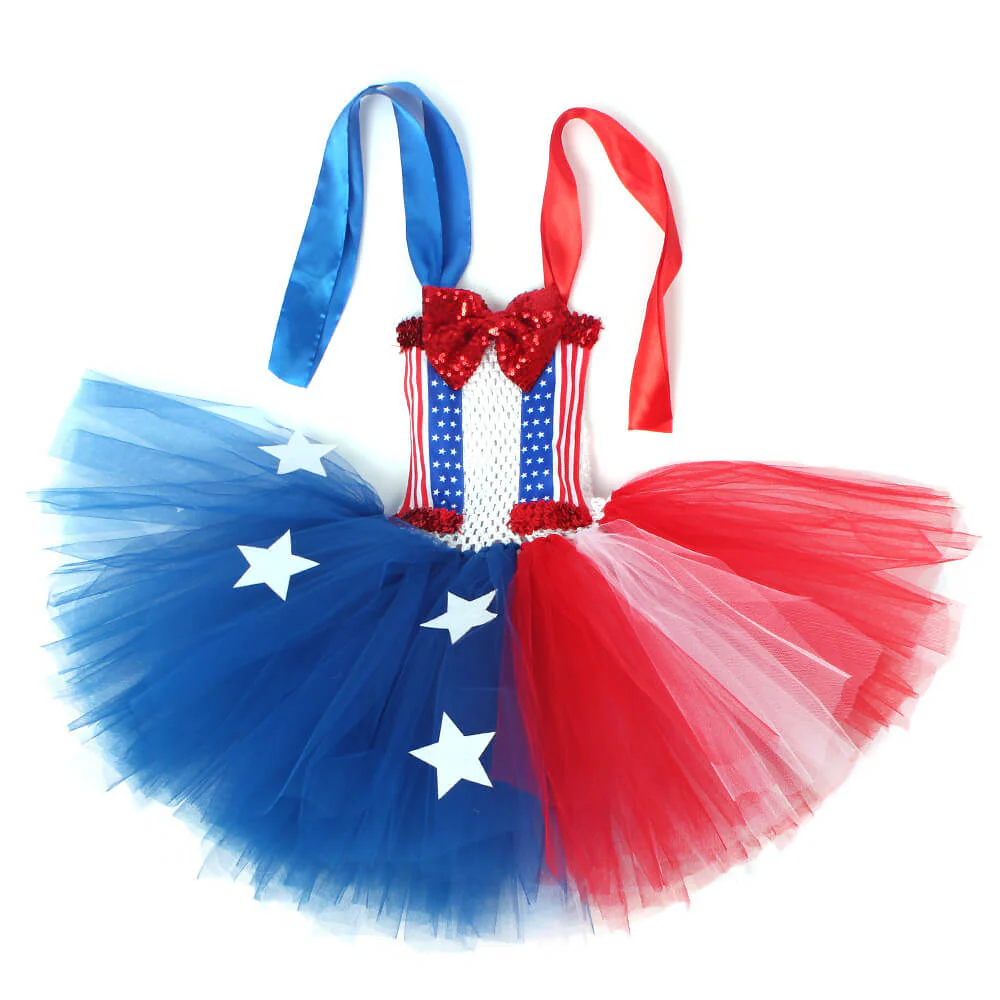 July 4th Girls Dress Sleeveless Summer Tutu Dress with Headband Independent Day Outfit - Image 3