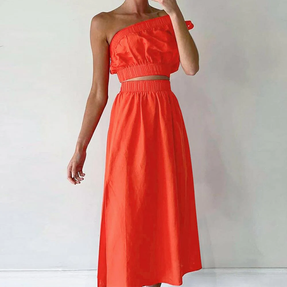 Khaki & Orange One Shoulder Tie Side Crop Top & Skirt - Image 2