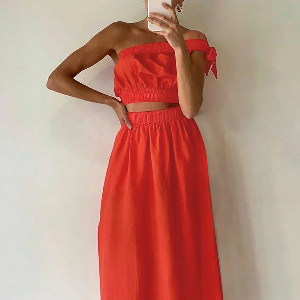Khaki & Orange One Shoulder Tie Side Crop Top & Skirt - Image 4
