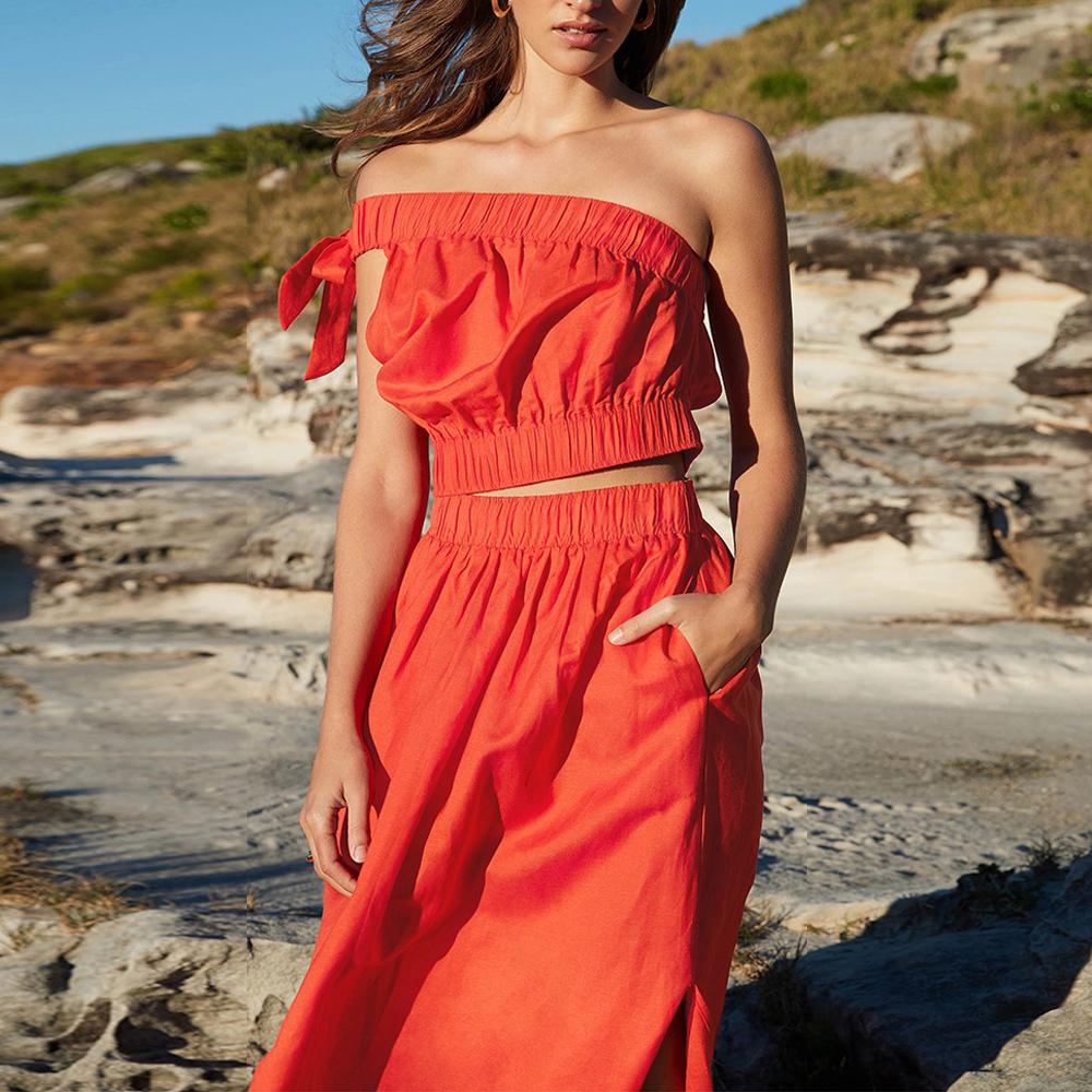 Khaki & Orange One Shoulder Tie Side Crop Top & Skirt - Image 5