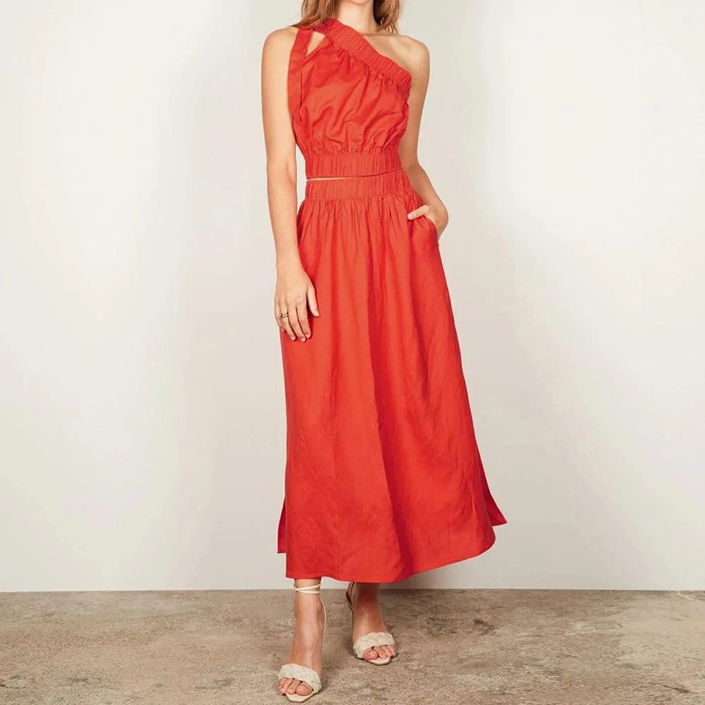 Khaki & Orange One Shoulder Tie Side Crop Top & Skirt - Image 7