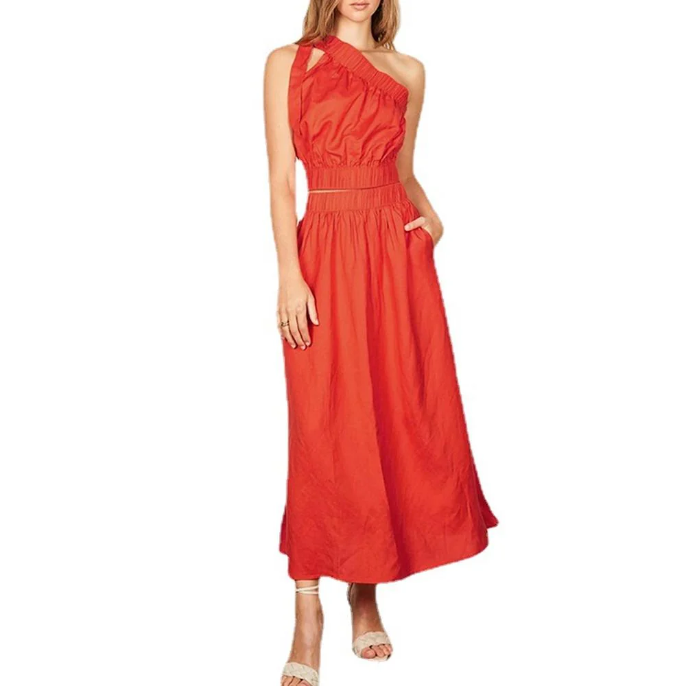 Khaki & Orange One Shoulder Tie Side Crop Top & Skirt - Image 9