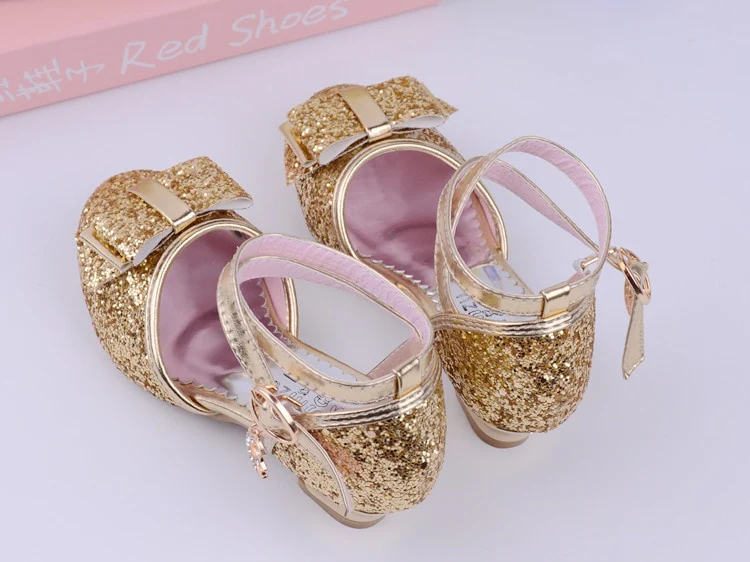 Girls Princess Glitter Bow Tie Shoes Mini Heels with Ankle Strap - Image 3