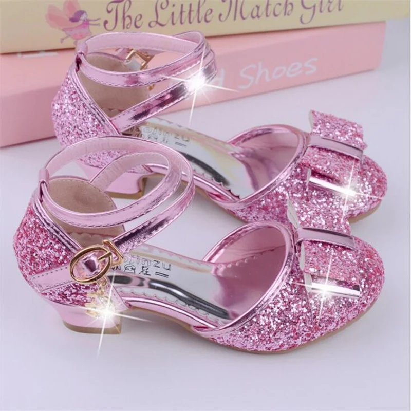Girls Princess Glitter Bow Tie Shoes Mini Heels with Ankle Strap - Image 4