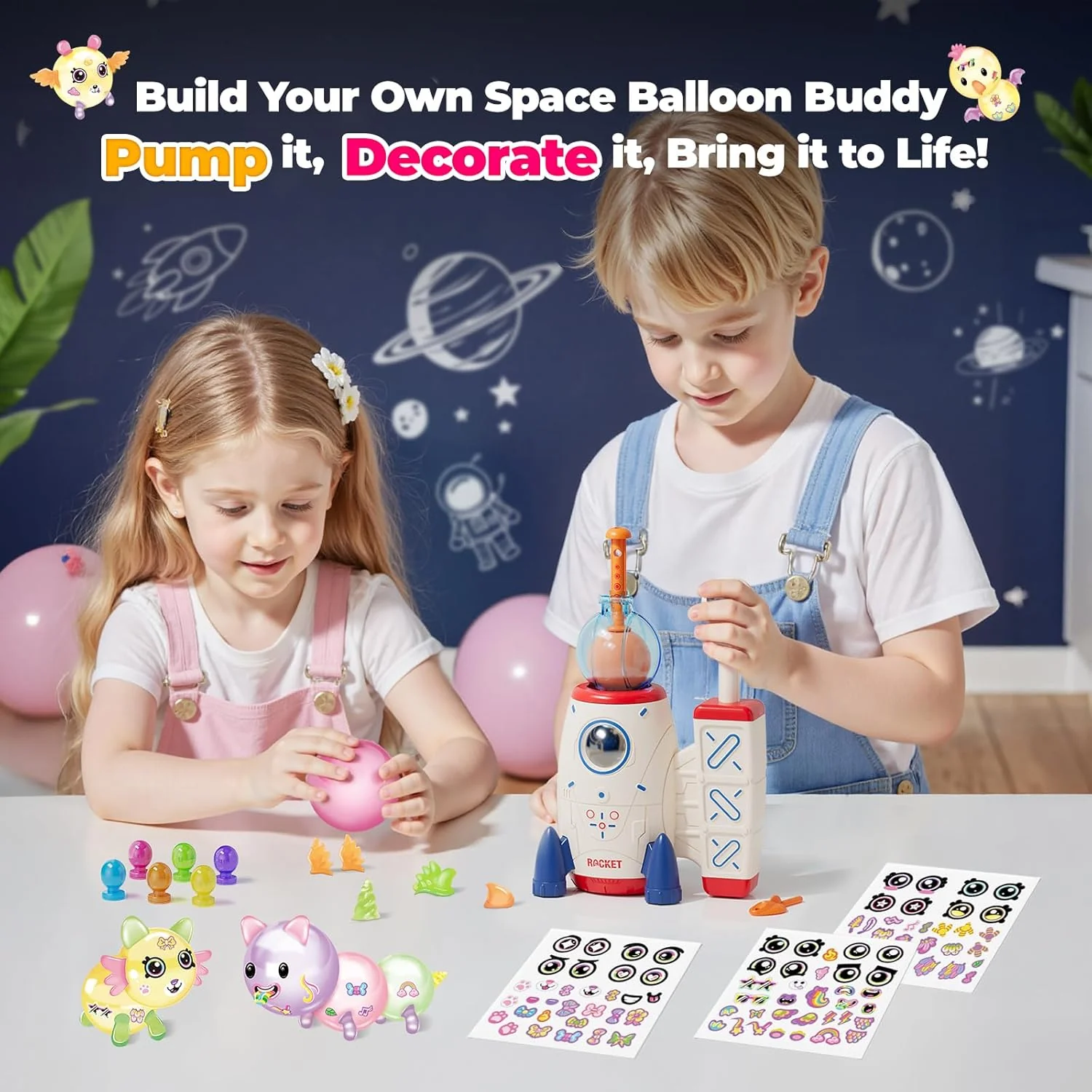 Kids 230pcs Space Magic Balloon Set Cute DIY Sticker Decorated Balloons Toy with Pump - Image 6