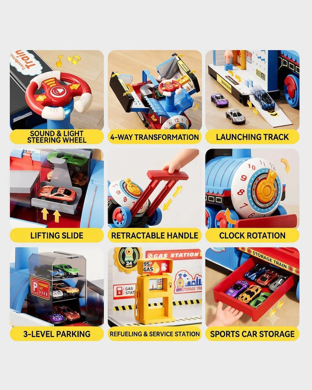 Kids 4-in-1 Ride-On Train Transforming Train Set Multifunctional Storage Toy with Detachable teering Wheel - Image 4