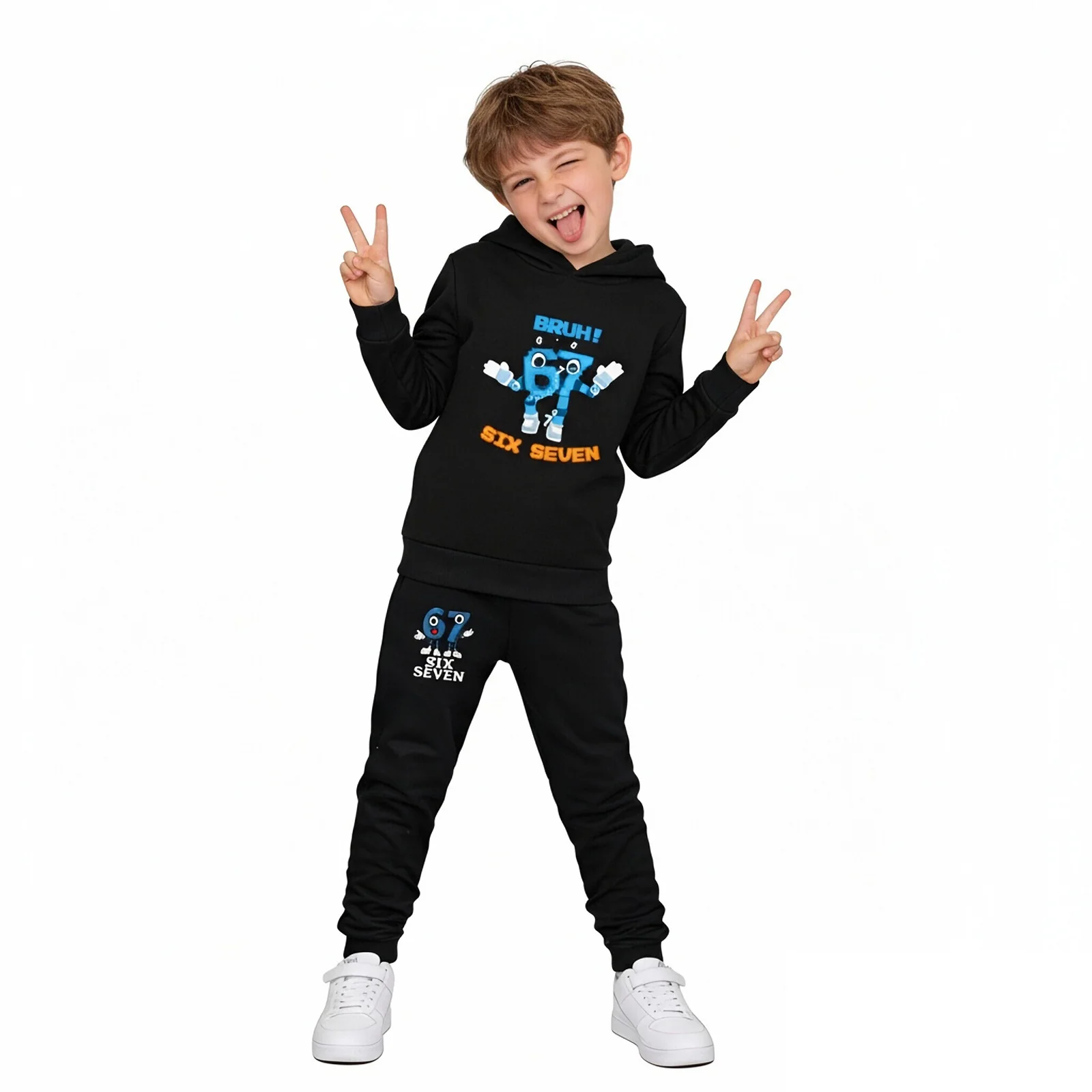 Kids 67 in Steal A Brainrot Costume Cotton Hoodie and Pants Suit Funny Six-Seven Meme Outfit - Image 2