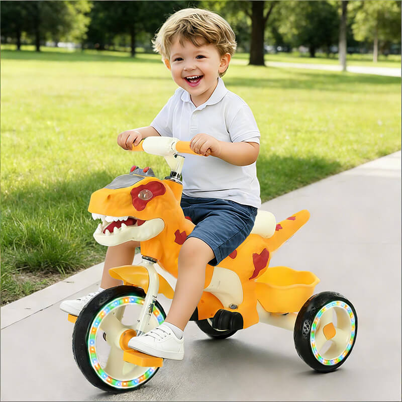 Kids Dino Tricycle Adjustable Ride-on Dinosaur Toy with Basket Music and Lights - Image 13