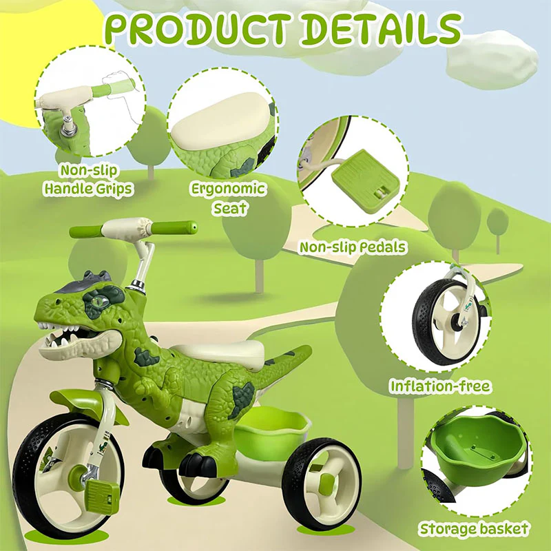 Kids Dino Tricycle Adjustable Ride-on Dinosaur Toy with Basket Music and Lights - Image 4