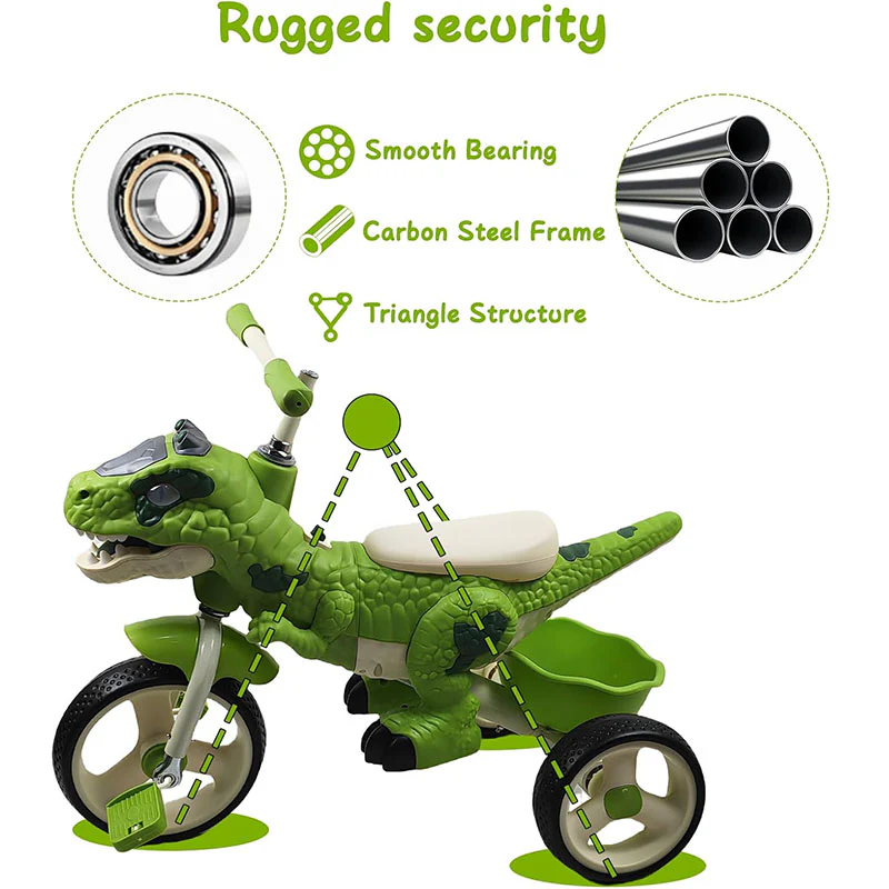 Kids Dino Tricycle Adjustable Ride-on Dinosaur Toy with Basket Music and Lights - Image 5