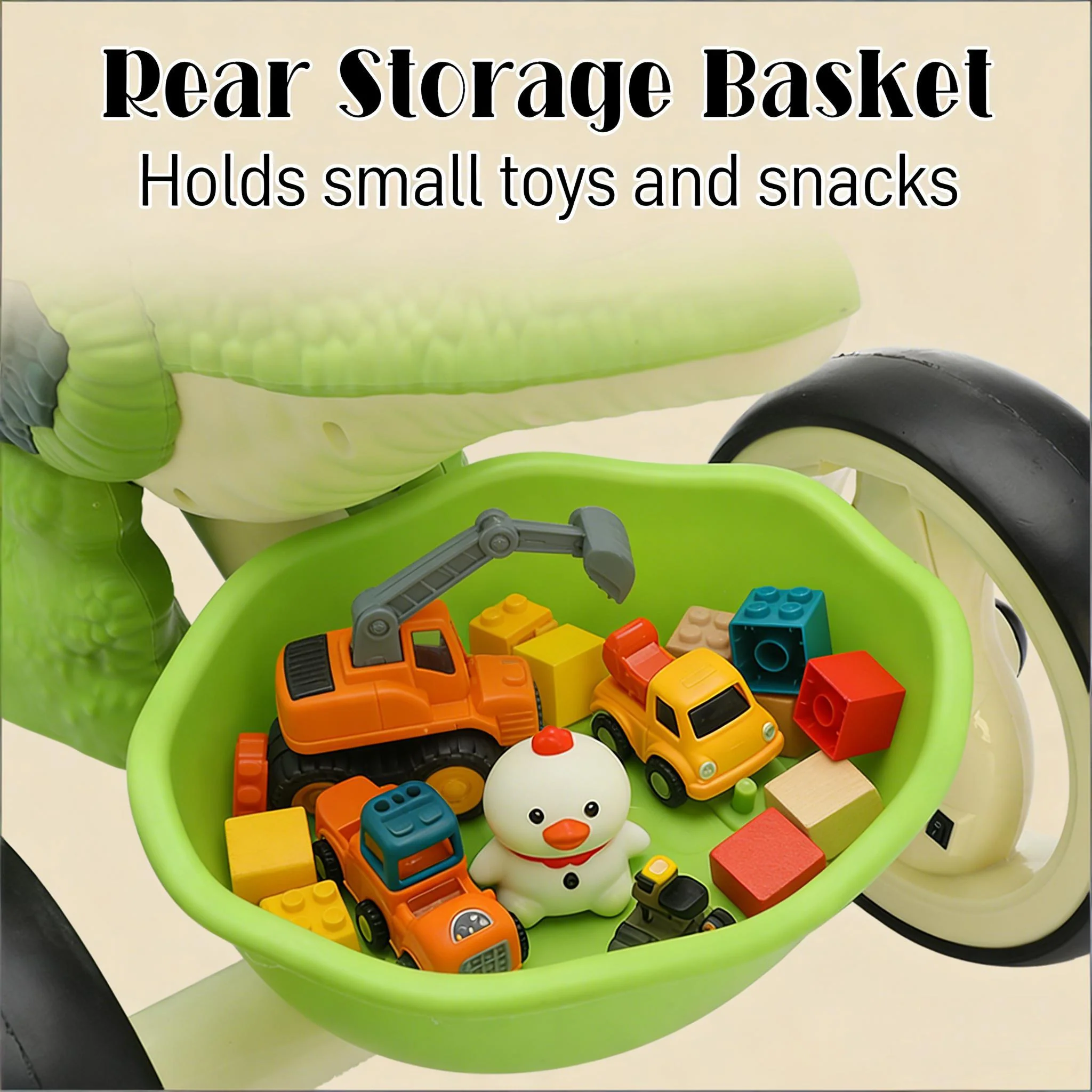 Kids Dino Tricycle Adjustable Ride-on Dinosaur Toy with Basket Music and Lights - Image 8