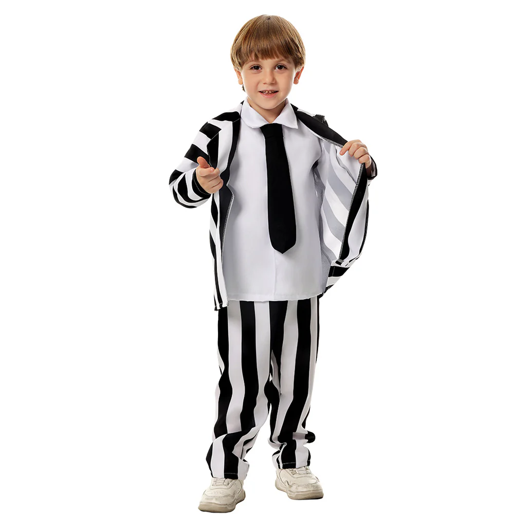 Kid's Betelgeuse Costume Black and White Striped Suit Horror Movie Halloween Outfit - Image 4