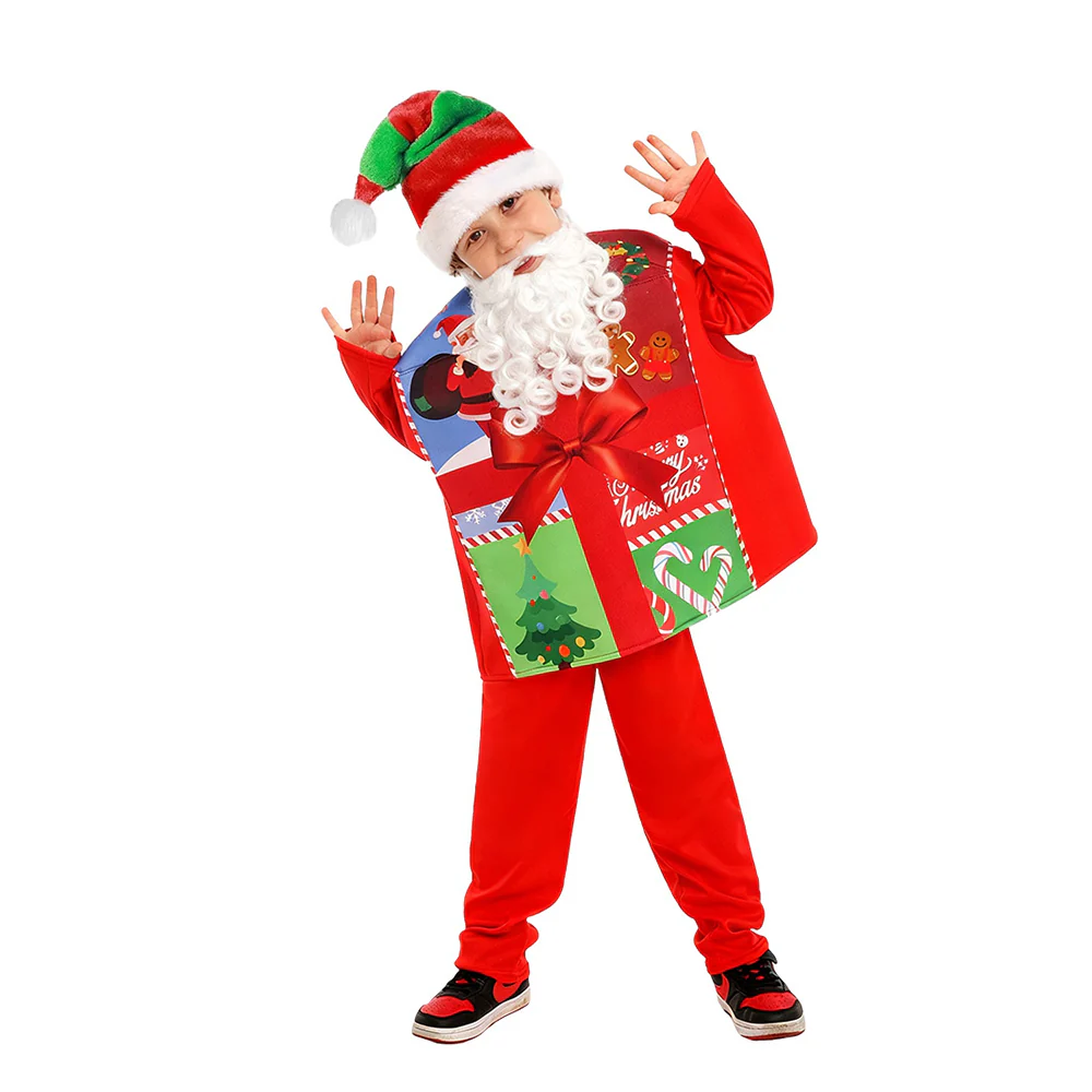 Kids Christmas Costume Unique Gift Box Tops with Hat Beard and Jumpsuit for Boys Girls - Image 4