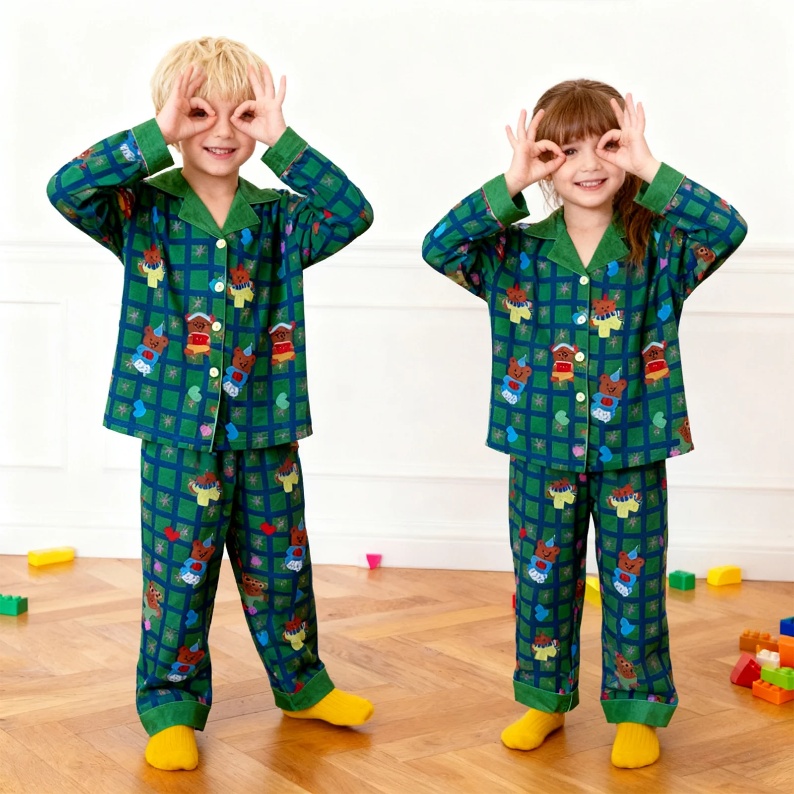 Kids Christmas Pajamas Unisex Green Long Sleeve Button Down Loungewear Plaid Xmas Jammies - Image 3