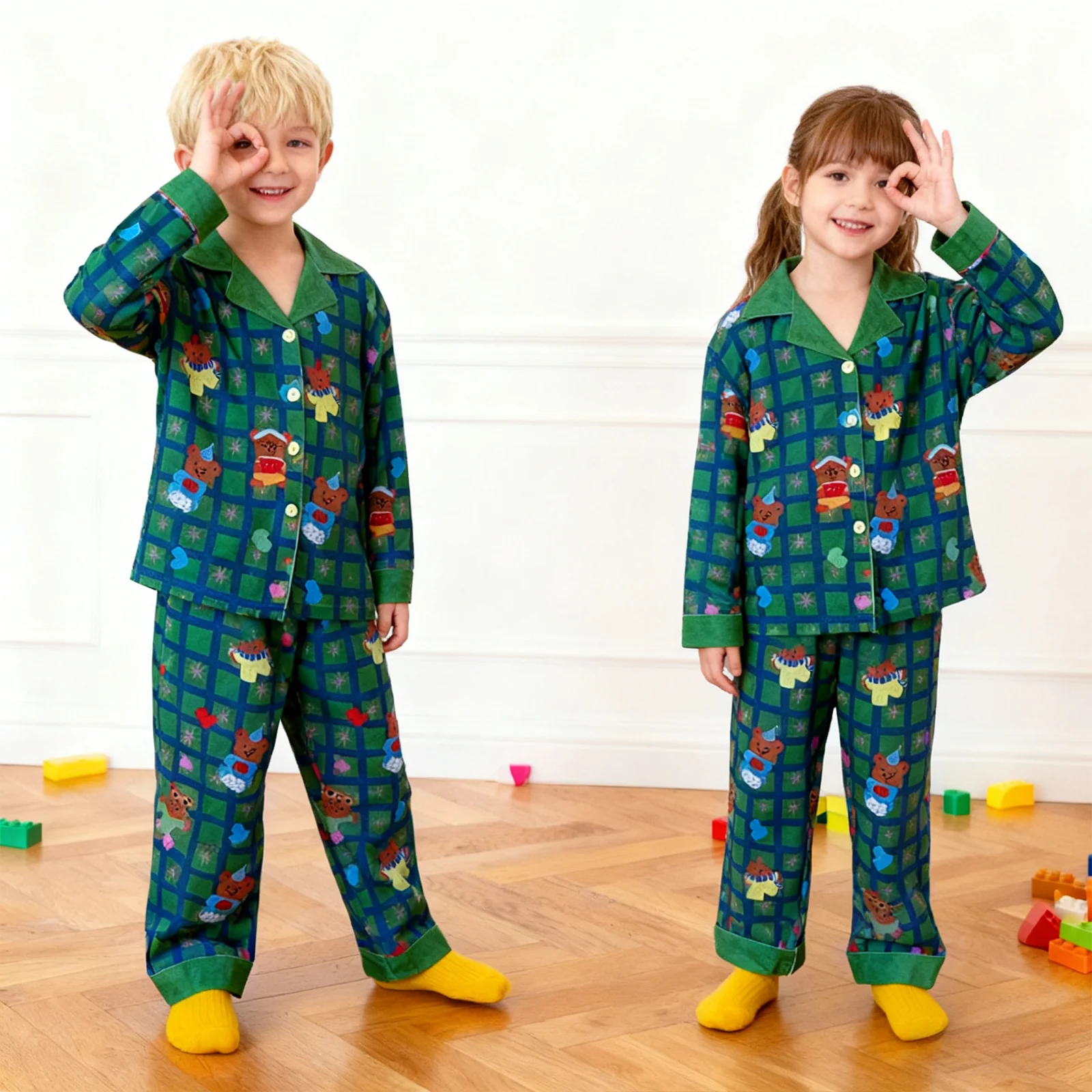 Kids Christmas Pajamas Unisex Green Long Sleeve Button Down Loungewear Plaid Xmas Jammies - Image 4