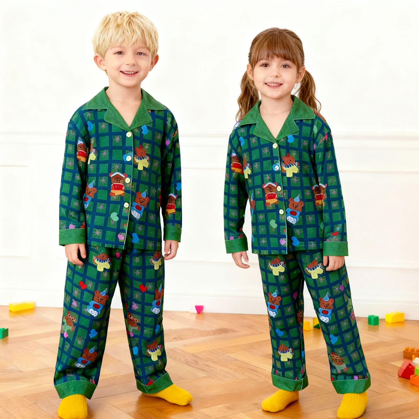 Kids Christmas Pajamas Unisex Green Long Sleeve Button Down Loungewear Plaid Xmas Jammies - Image 5