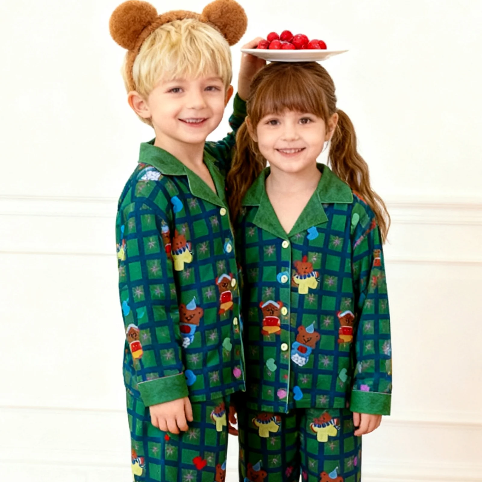 Kids Christmas Pajamas Unisex Green Long Sleeve Button Down Loungewear Plaid Xmas Jammies - Image 6