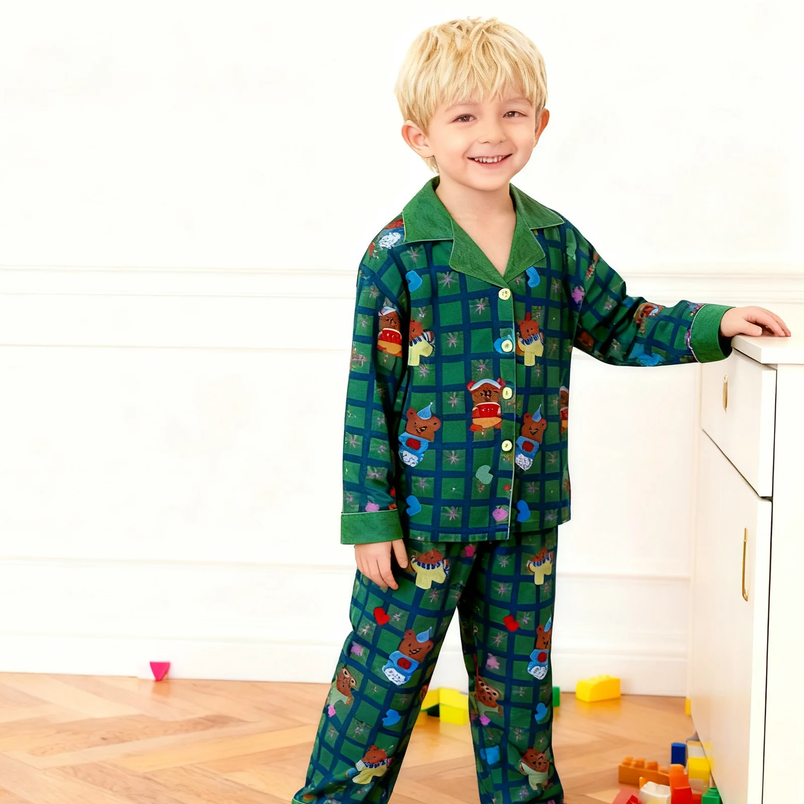 Kids Christmas Pajamas Unisex Green Long Sleeve Button Down Loungewear Plaid Xmas Jammies - Image 7