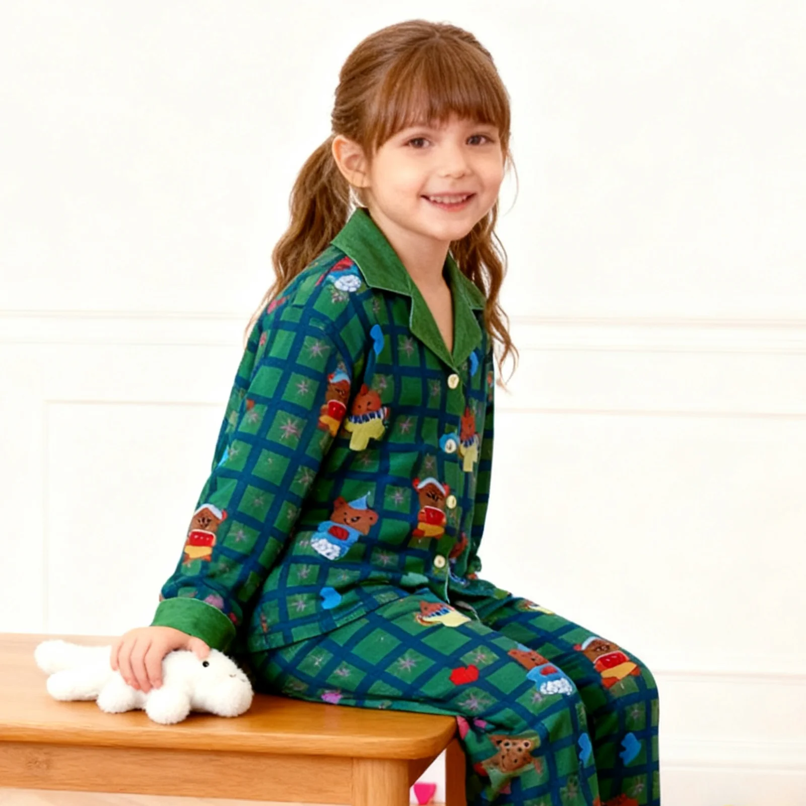 Kids Christmas Pajamas Unisex Green Long Sleeve Button Down Loungewear Plaid Xmas Jammies - Image 8