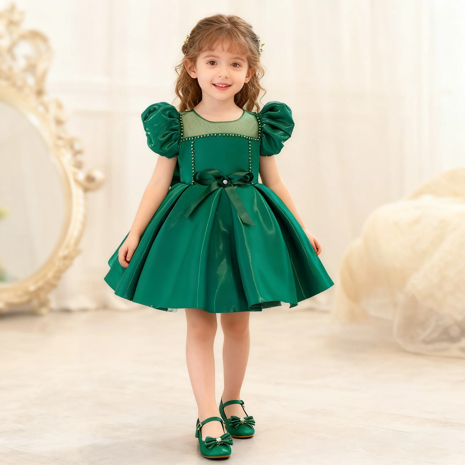 Toddler Christmas Party Dress Formal Puff Sleeve Xmas Smocked Green Costume for Girls - Image 3