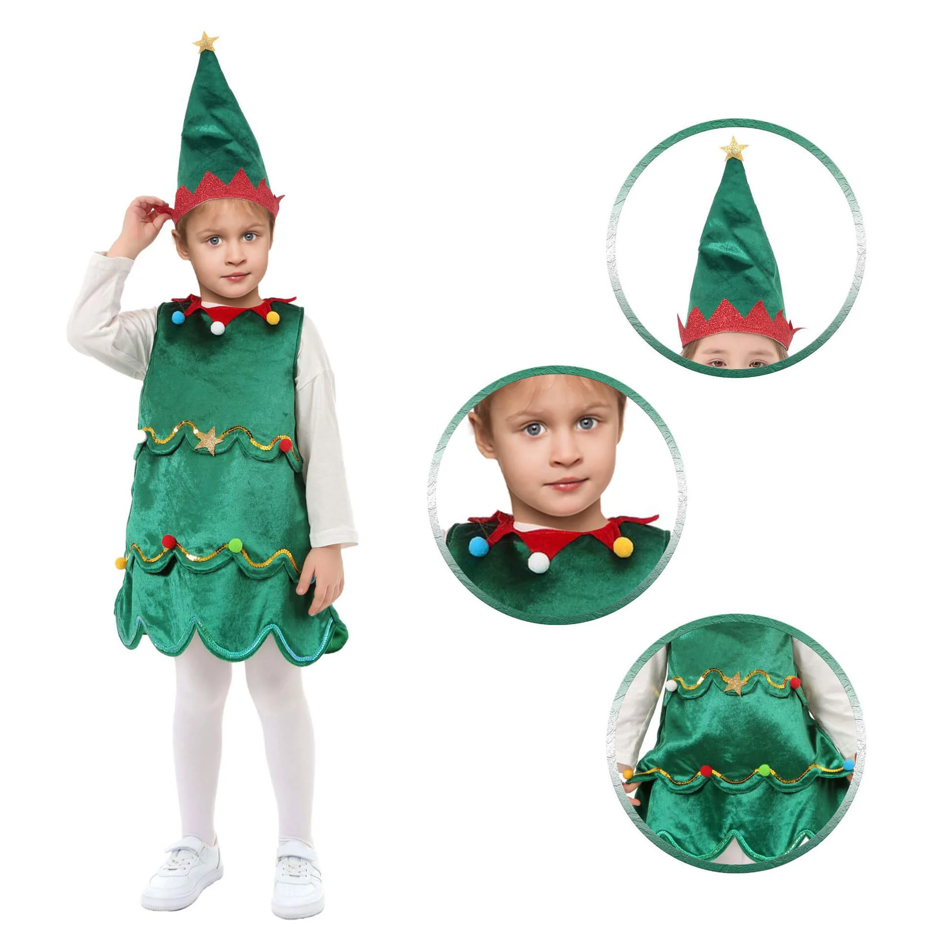 Kids Christmas Tree Costume Green Xmas Dress Hat and White Pantyhose for Girls - Image 5