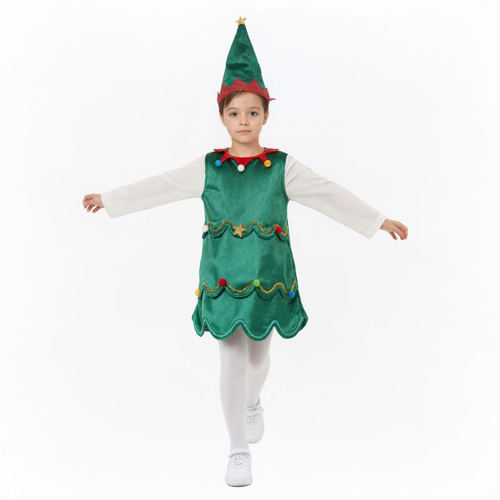 Kids Christmas Tree Costume Green Xmas Dress Hat and White Pantyhose for Girls - Image 6