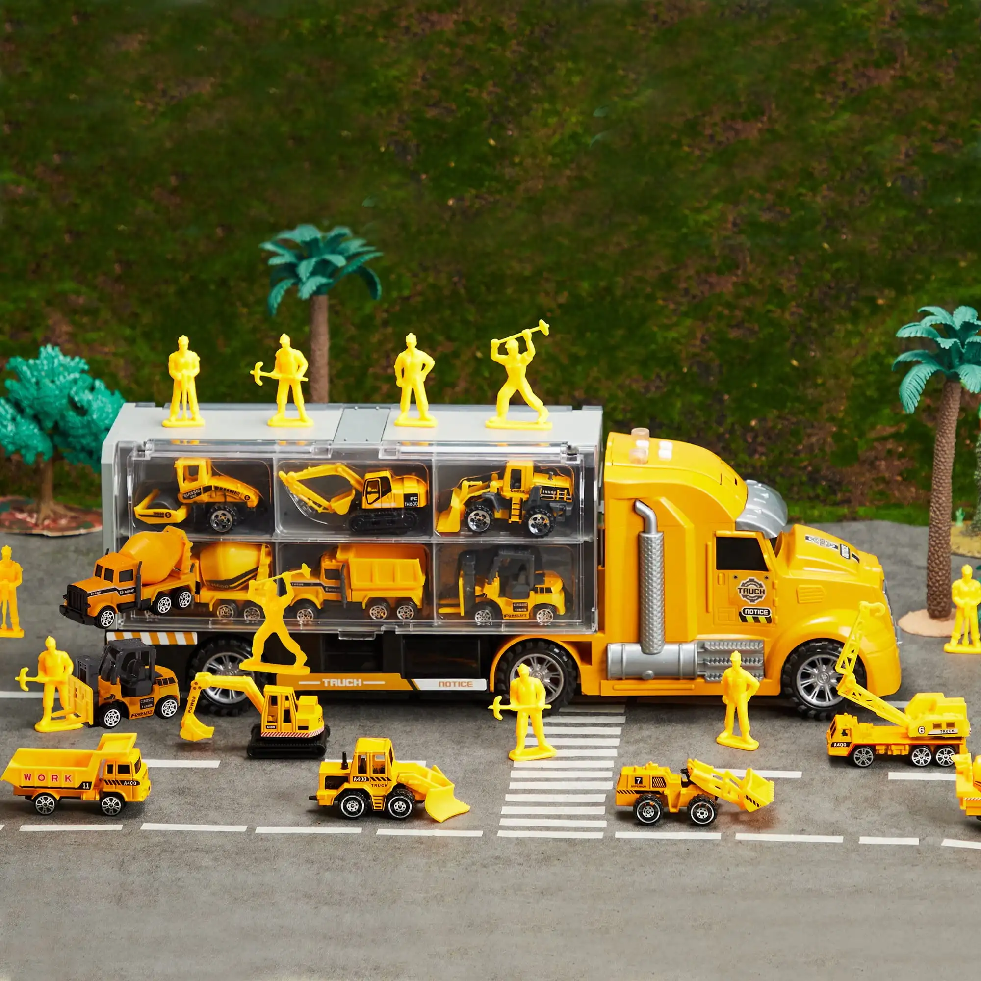 Kids Construction Truck Set Push and Go Cars Transporter Truck with Sounds and Light - Image 4