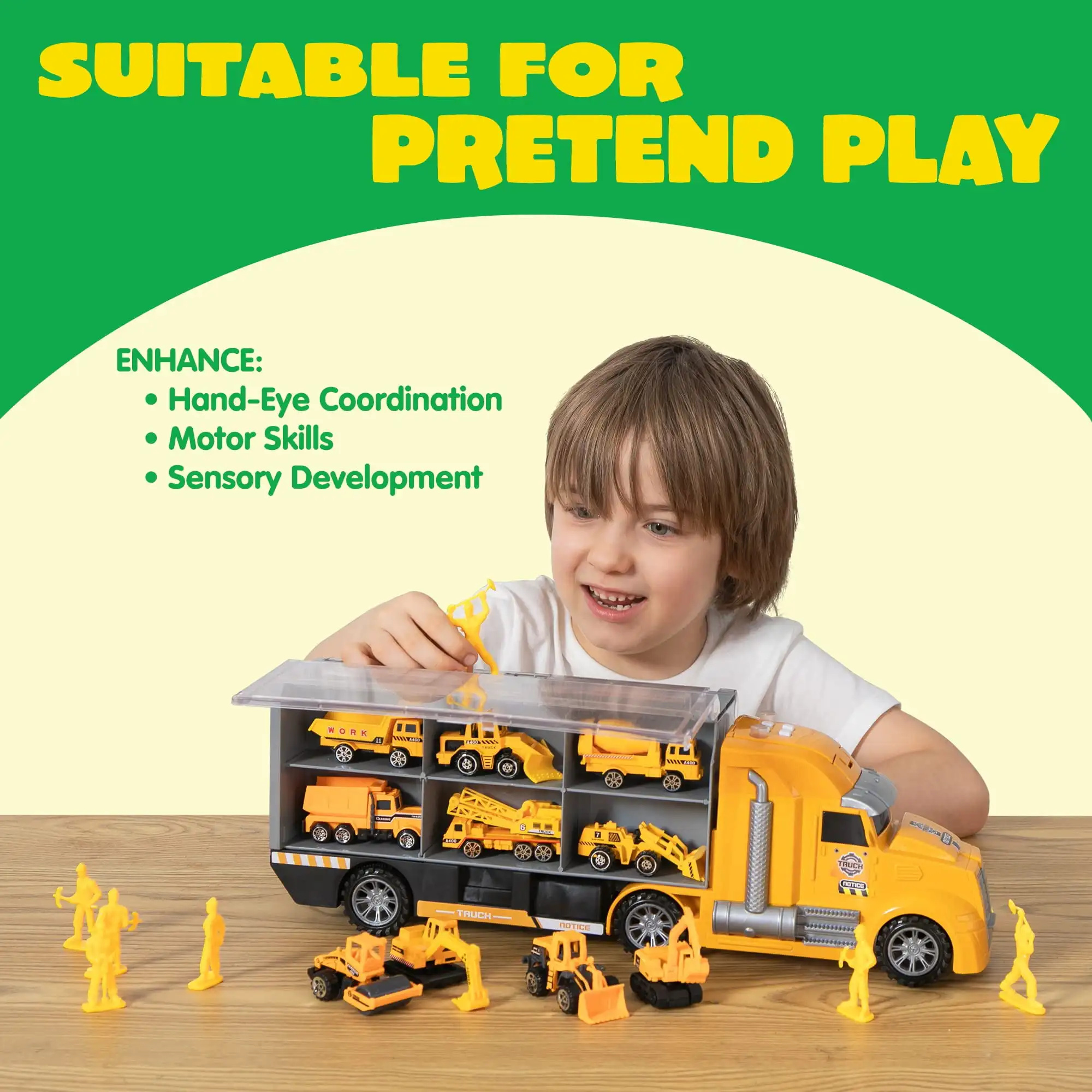 Kids Construction Truck Set Push and Go Cars Transporter Truck with Sounds and Light - Image 5