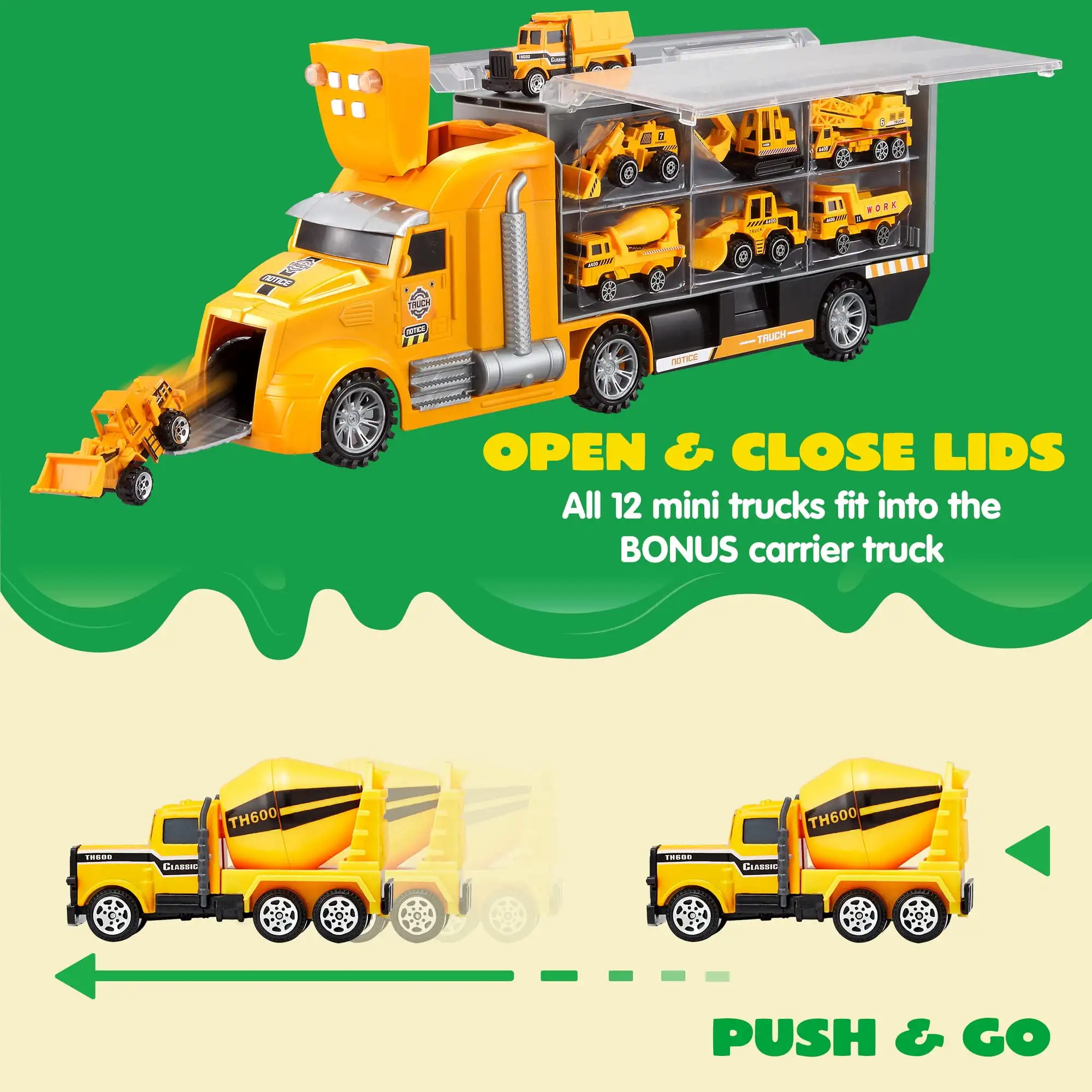 Kids Construction Truck Set Push and Go Cars Transporter Truck with Sounds and Light - Image 7