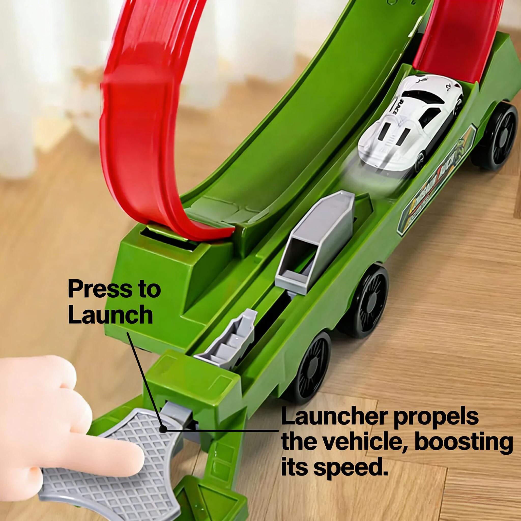Kids Dino Track Racing Car One-click Launch Car 360° Rotating Track with 12 Mini Car - Image 3