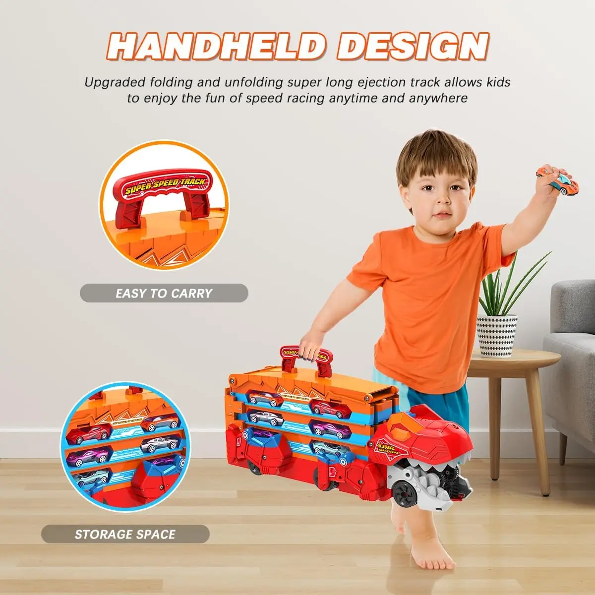 Kids Dinosaur 3-In-1 Transport Truck with 8 Race Cars Ejection Folding Track Portable Vehicles Set - Image 6