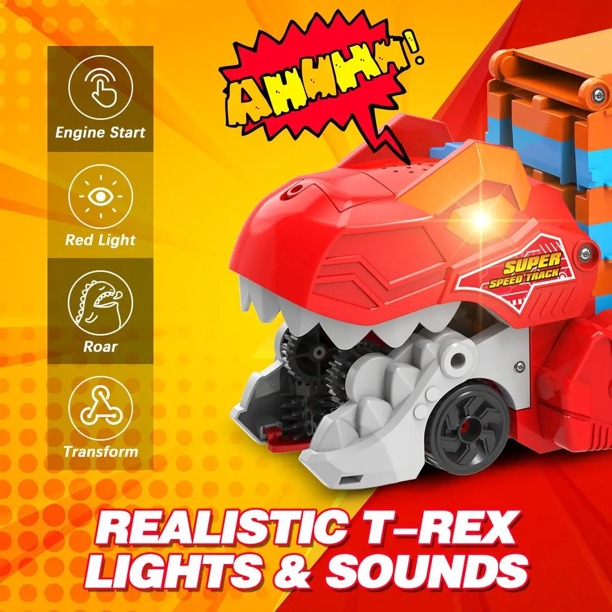 Kids Dinosaur 3-In-1 Transport Truck with 8 Race Cars Ejection Folding Track Portable Vehicles Set - Image 7