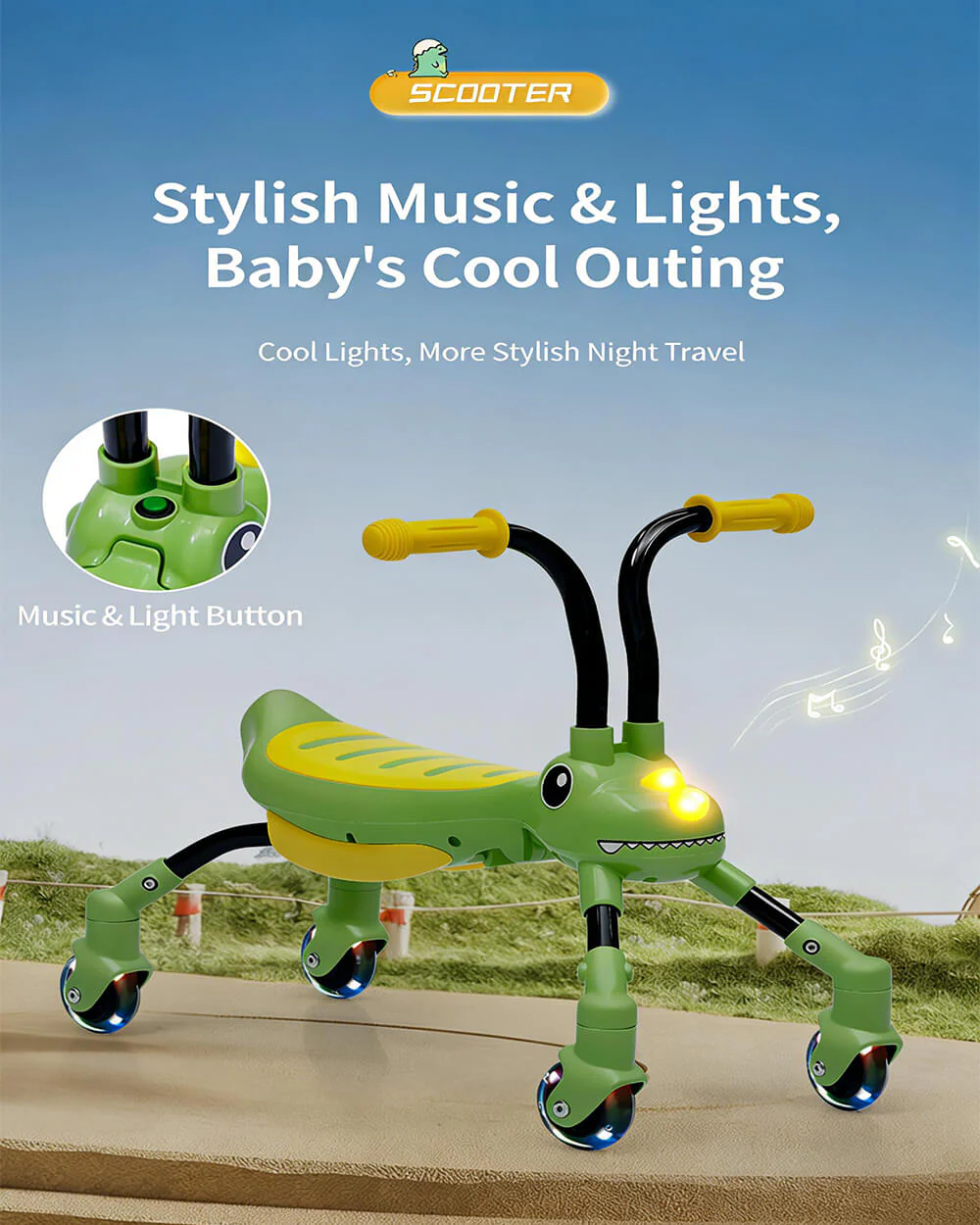 Kids Foldable Ride on Car Dinosaur Gliding Car with 360° Silent Flashing Wheels and Music - Image 7