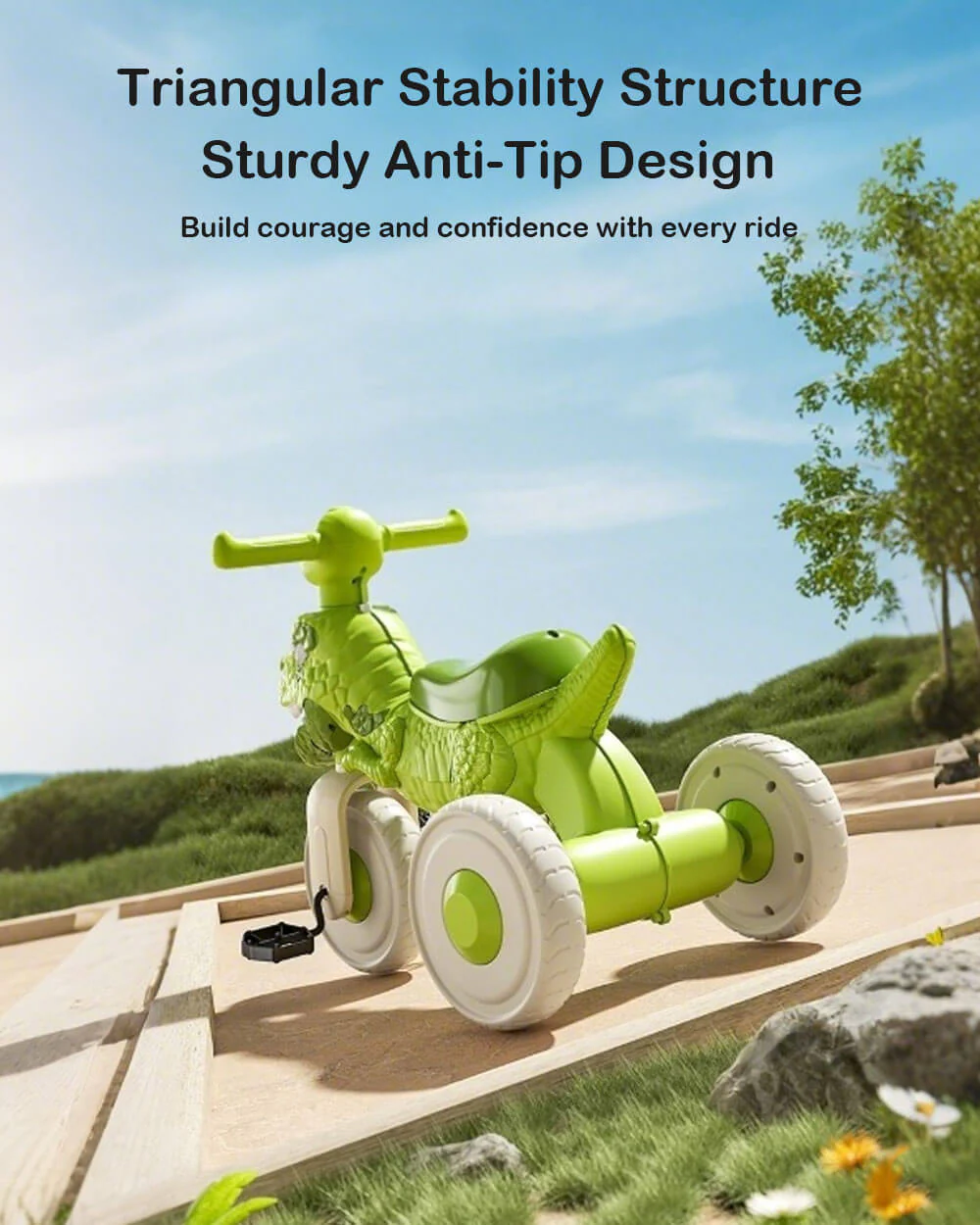 Kids Dino Tricycle Toddler Trike Bike Age 2-6 Year Old with Music, Storage Basket & Rubber Wheels - Image 4