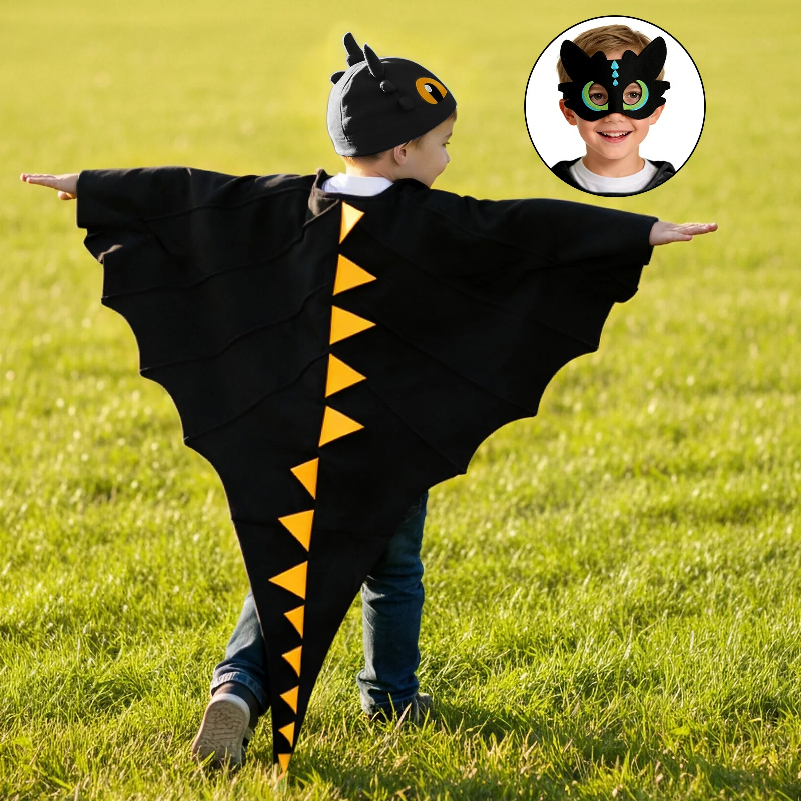 Kids Dragon Costume 3PCS Cloak Hat and Mask Dinosaur Cosplay Costume - Image 3