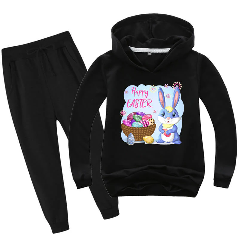 Kids Easter Hoodie Pants Cute Bunny with Eggs Casual Costume Two Piece Set Boys Girls Easter Outfit - Image 2