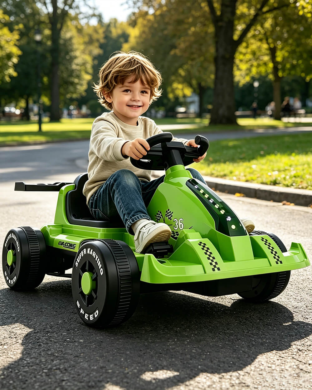 Kids Electric Go Kart 6V Wide Seat Ride On Car with Bluetooth Music Player and Light - Image 10