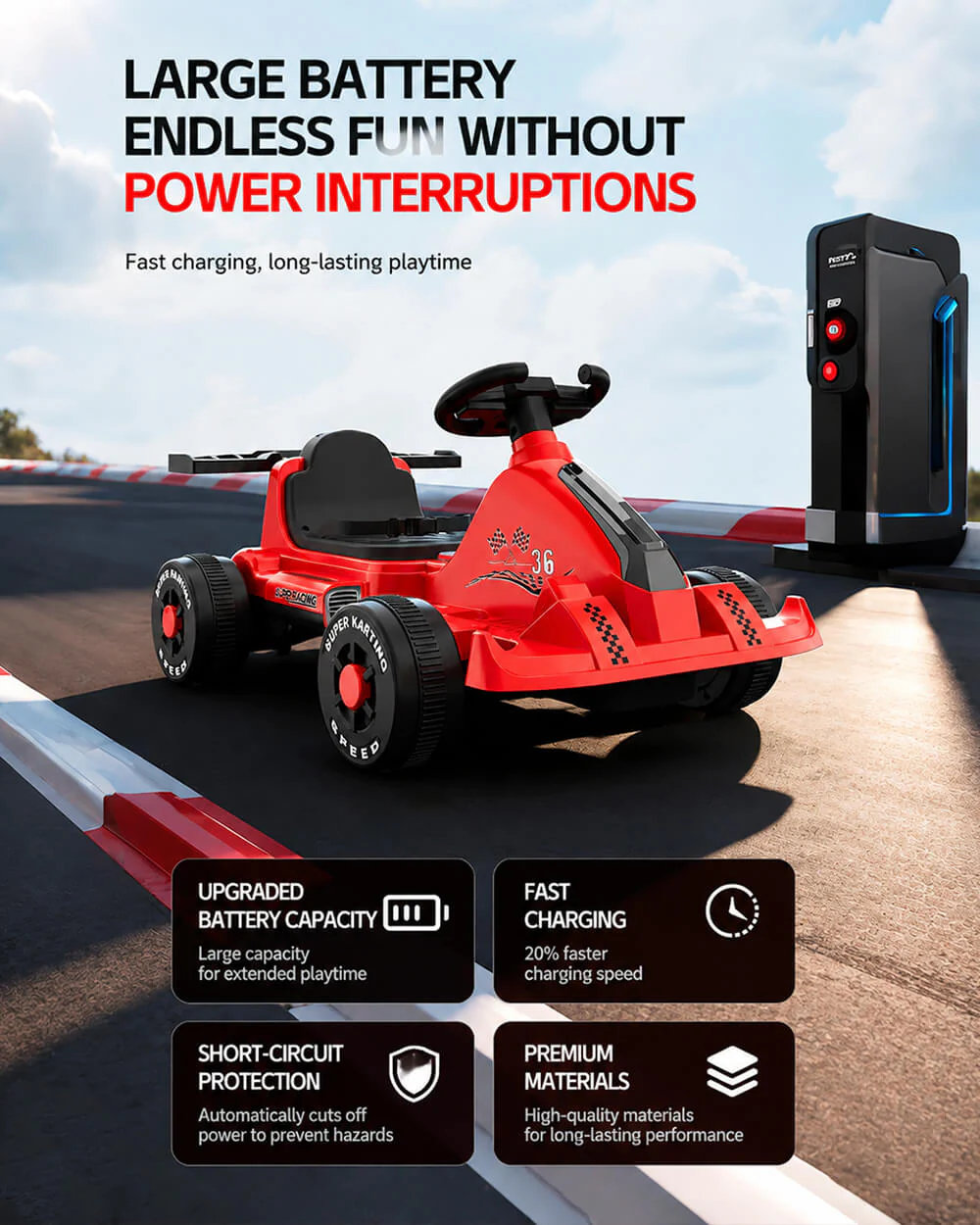 Kids Electric Go Kart 6V Wide Seat Ride On Car with Bluetooth Music Player and Light - Image 6