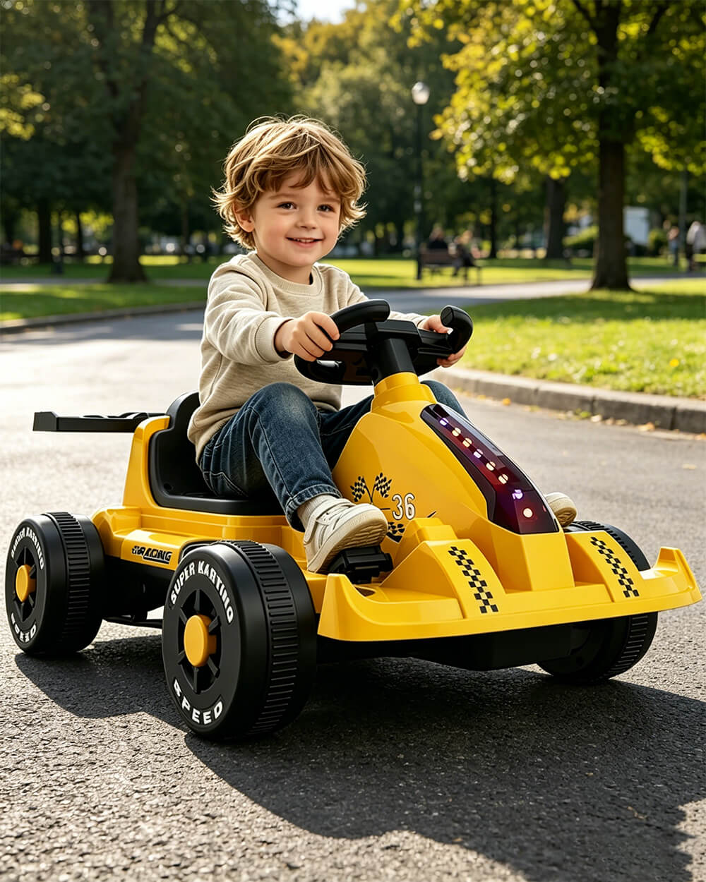 Kids Electric Go Kart 6V Wide Seat Ride On Car with Bluetooth Music Player and Light - Image 9