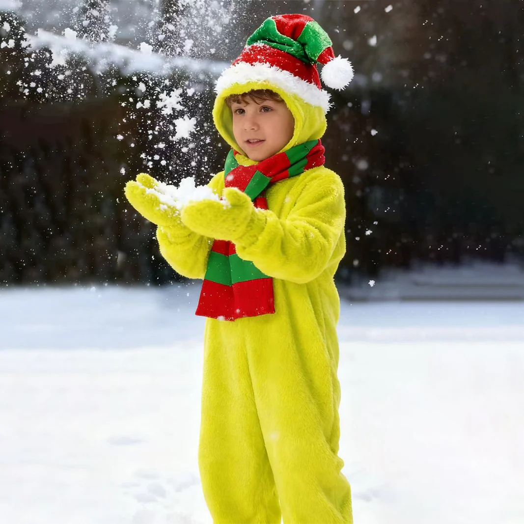 Kids Elf Costume Nightmare before Christmas Outfit Green Jumpsuit with Hat and Scarf Suit - Image 3