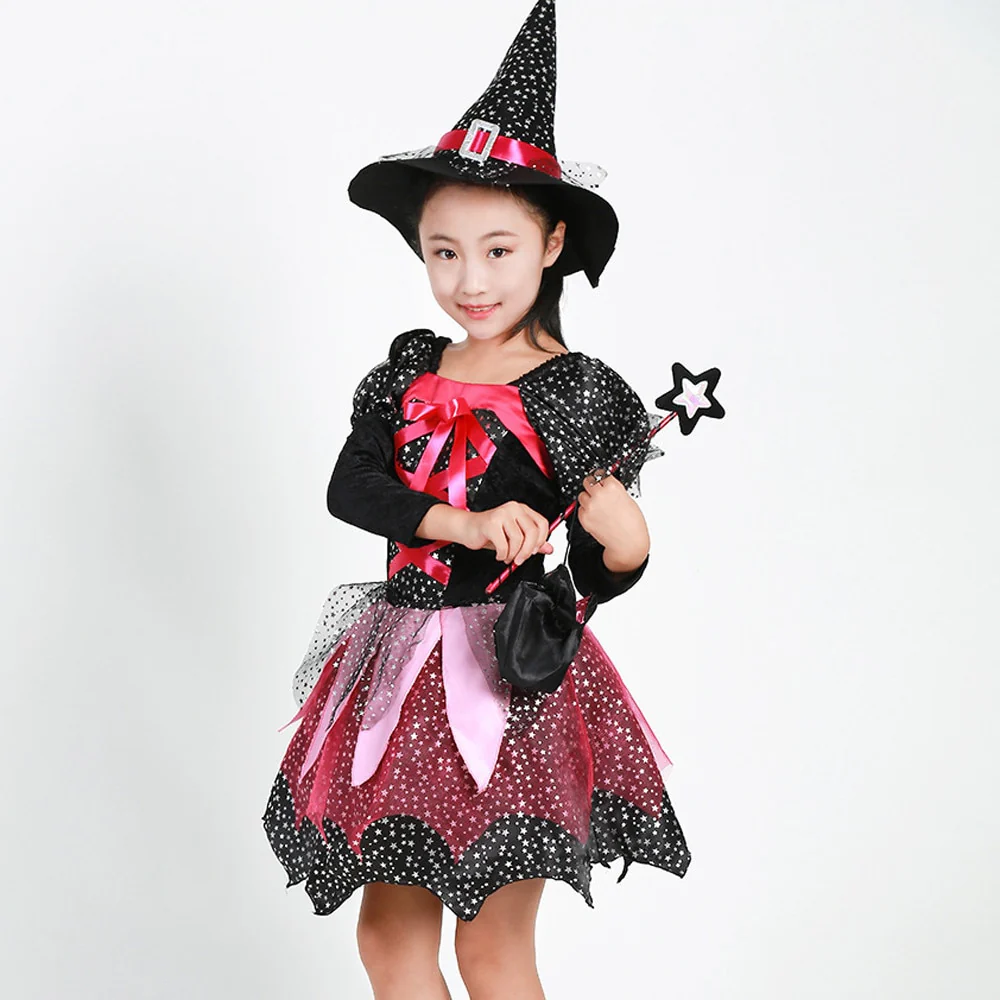 Kids Girls Halloween Costume Dress Hat Bag Stick Outfit 4Pcs - Image 4