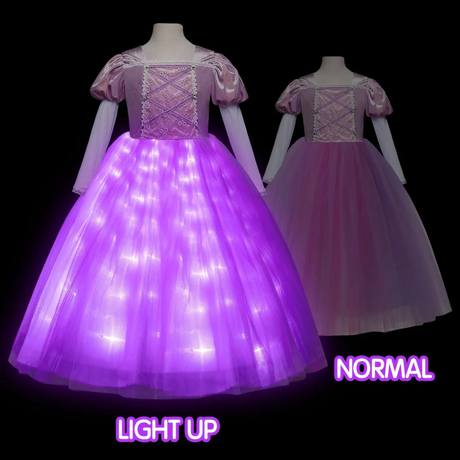 Kids Light Up Dress Long Hair Princess of Corona LED Fancy Costume Birthday Party Outfit - Image 3