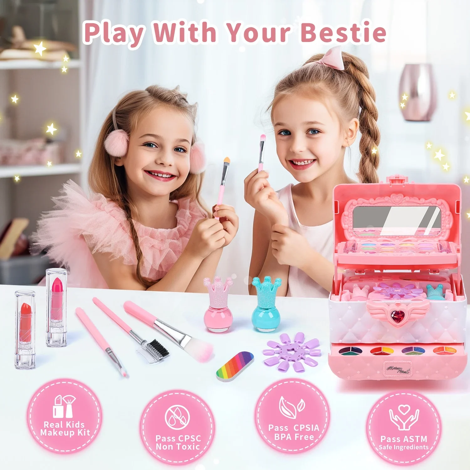 Kids Makeup Set Washable Safe Set Multi-Layer Pink Foldable Storage Box Holiday Gift - Image 2