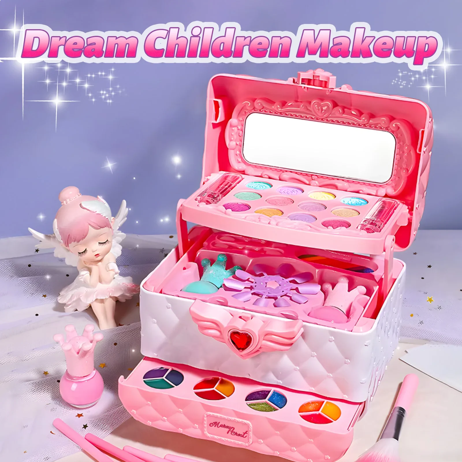 Kids Makeup Set Washable Safe Set Multi-Layer Pink Foldable Storage Box Holiday Gift - Image 4