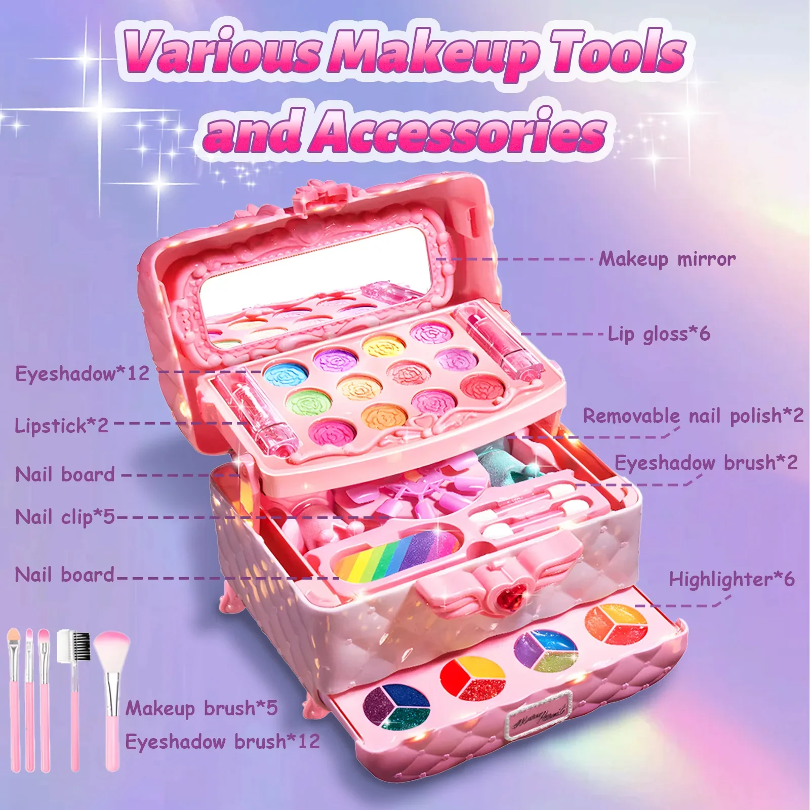 Kids Makeup Set Washable Safe Set Multi-Layer Pink Foldable Storage Box Holiday Gift - Image 7