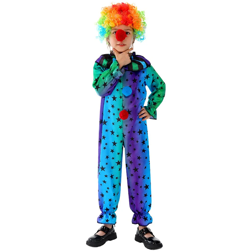 Kids Mardi Gras Jester Costume Jumpsuit Wig and Nose Outfit for Boys Girls - Image 3
